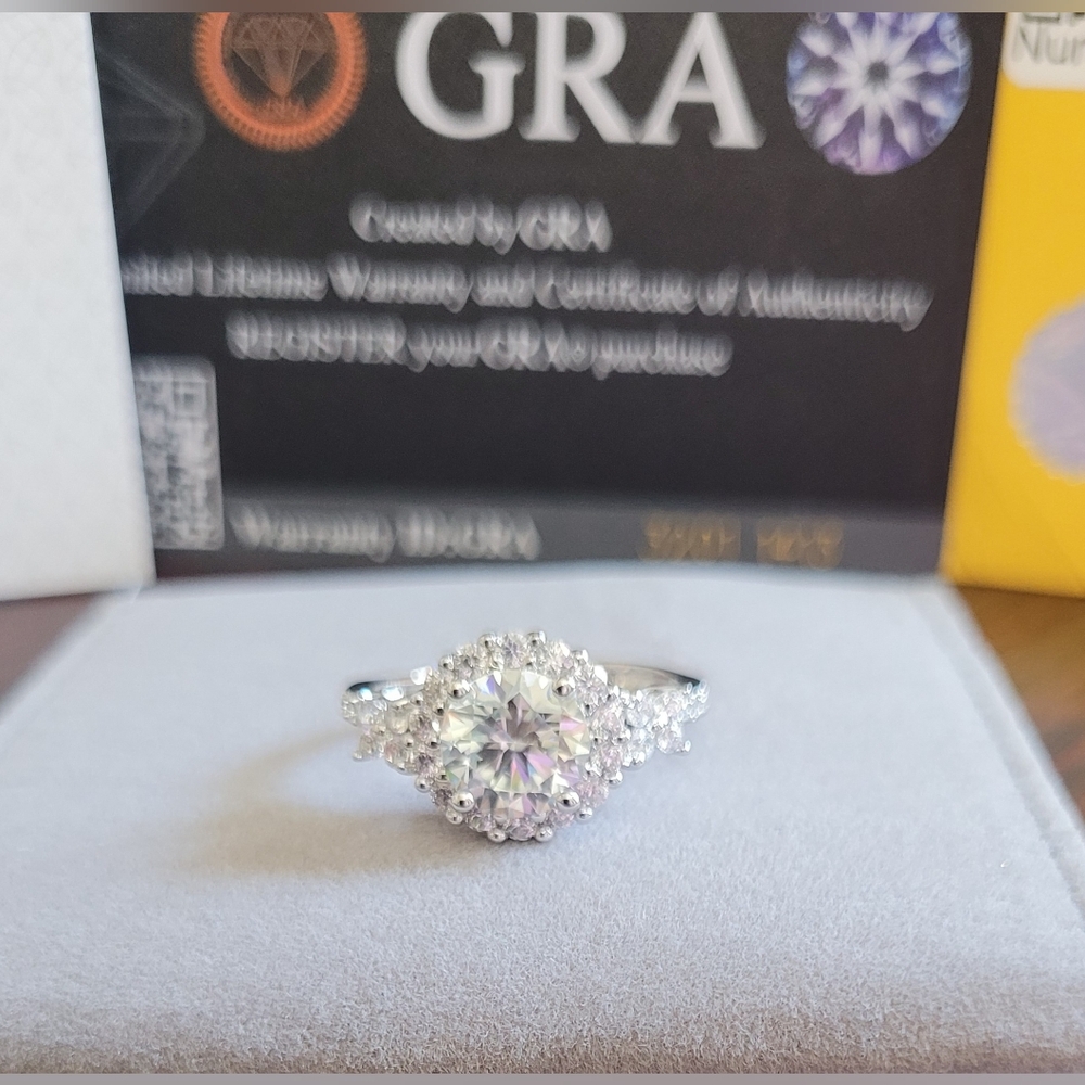 Sparkling White Gold Plated Halo Moissanite Engagement Ring - Clear White Center